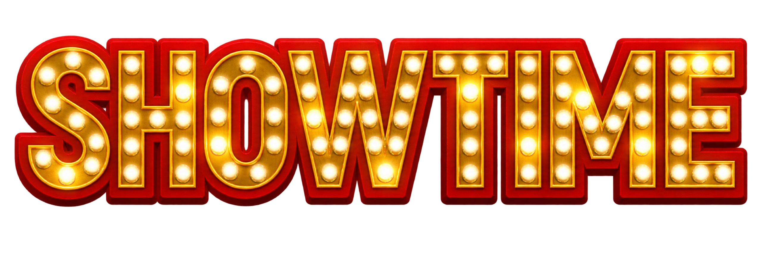 Glödande SHOWTIME-marquee i guld och rött